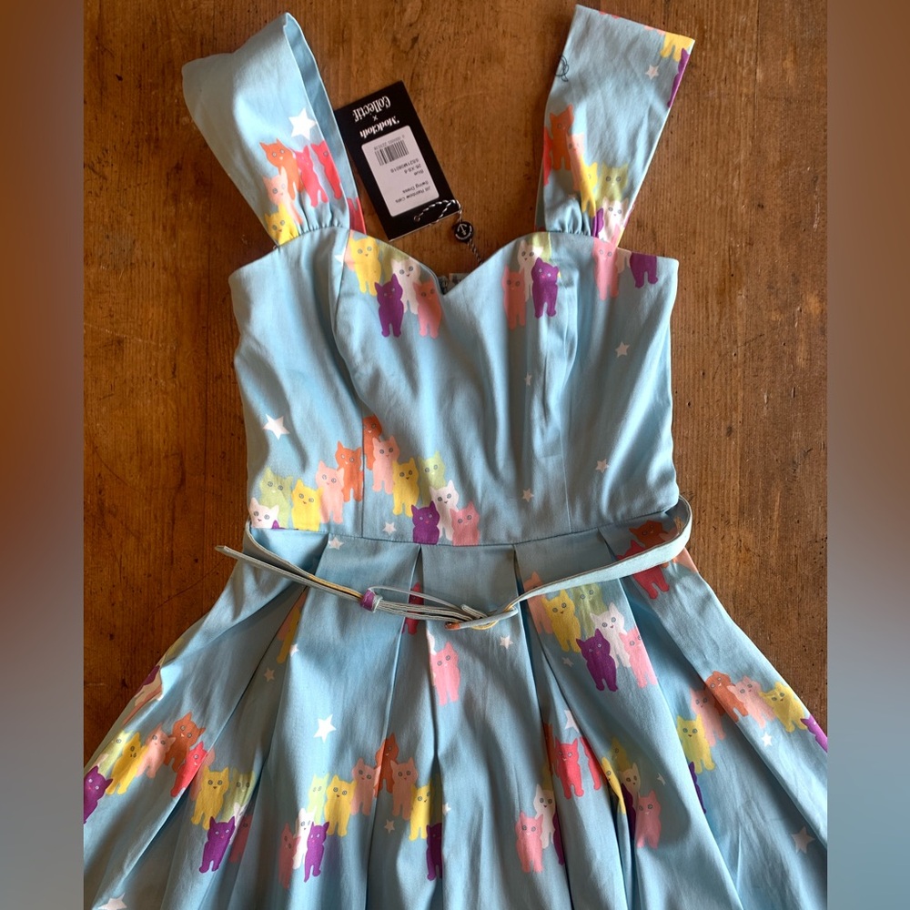 Light Blue Cat Print Fit-and-Flare Dress